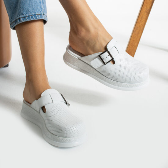 Papuci de lucru anatomici din piele albă Saboti medicali plați Culoare uni