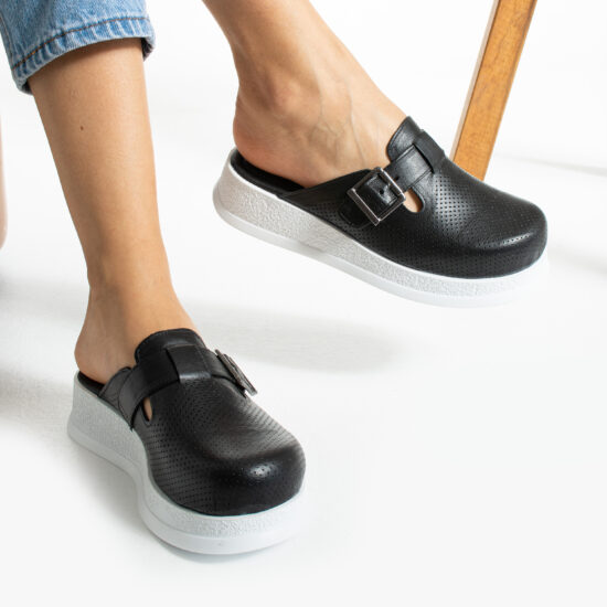 Papuci de lucru anatomici din piele neagră Saboti medicali plați Culoare uni