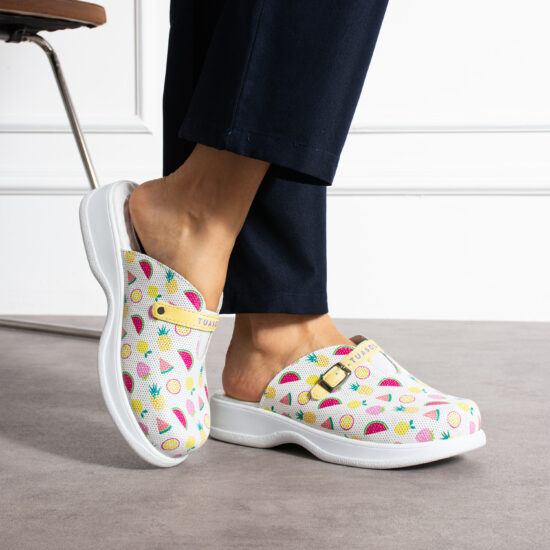 Papuci din piele albă cu gel anti-fatiga Saboti medicali plați Colorati