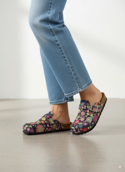 Saboți damă colorați cu talpă ortopedică din piele naturală Saboti ortopedici Colorati