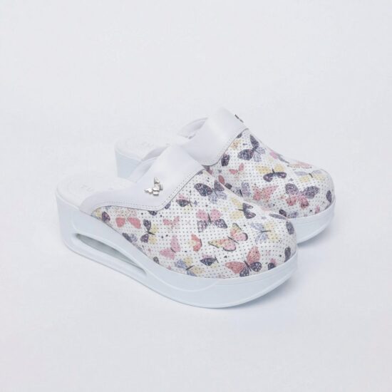 Saboți de lucru din piele pentru damă cu platformă – imprimeu Wings White — 6