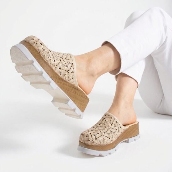 Imara Flora Beige Saboți damă bej din piele închiși în față - Естествена кожа
