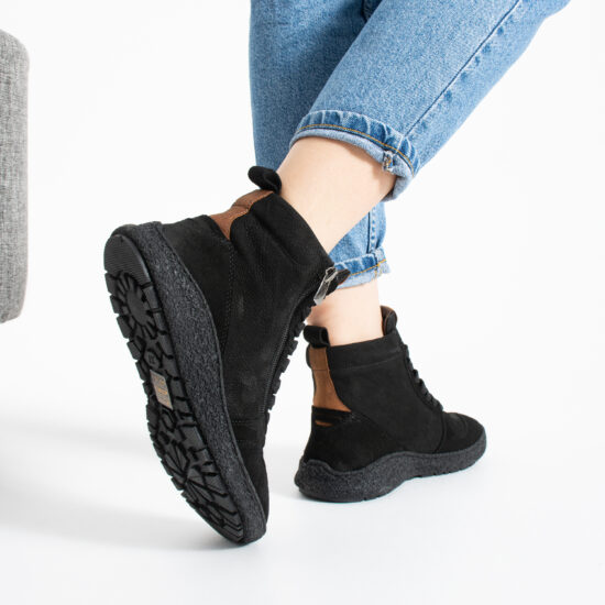 Ghete barefoot de damă din piele naturală cu vârf lat Ghete și bocanci de damă 12 TSL Barefoot North Jet - Negru - Nubuc natural
