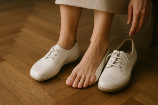 close-up of a woman's feet in comfortable, wide-toe white barefoot shoes next to classic orthopedic shoes on a parquet f