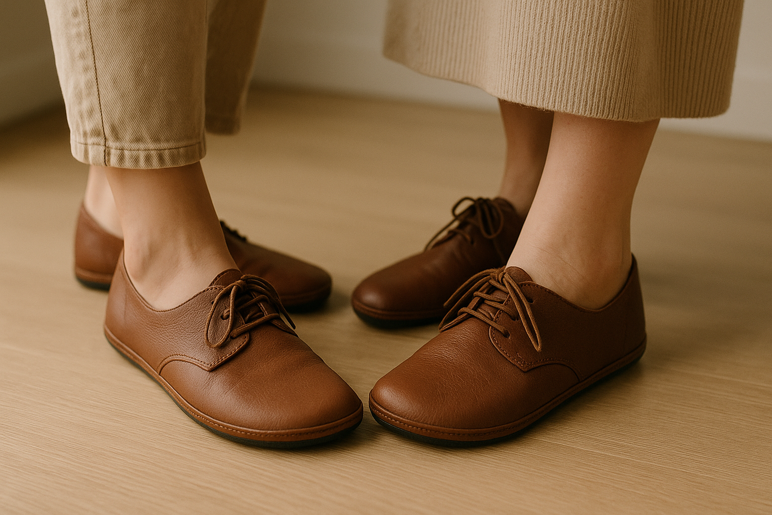 close-up of two women's feet in wide, flexible leather barefoot shoes standing on a light wooden floor, with one foot sl