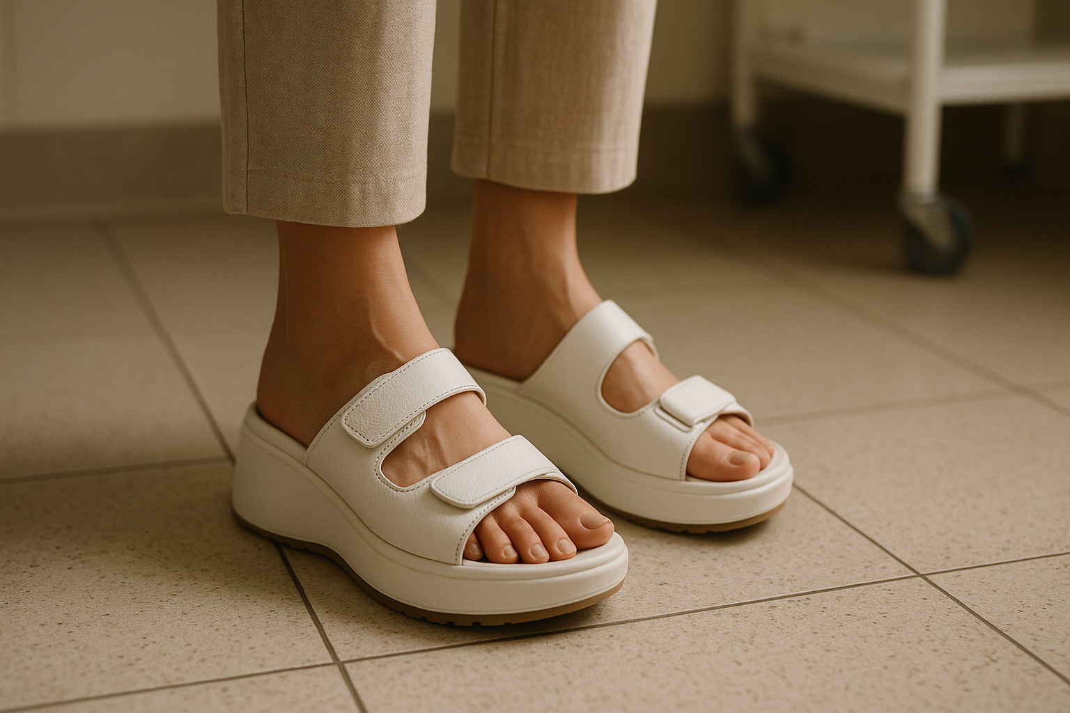 close-up of adult women's feet wearing anatomical white leather platform sandals, standing on a tiled medical clinic flo