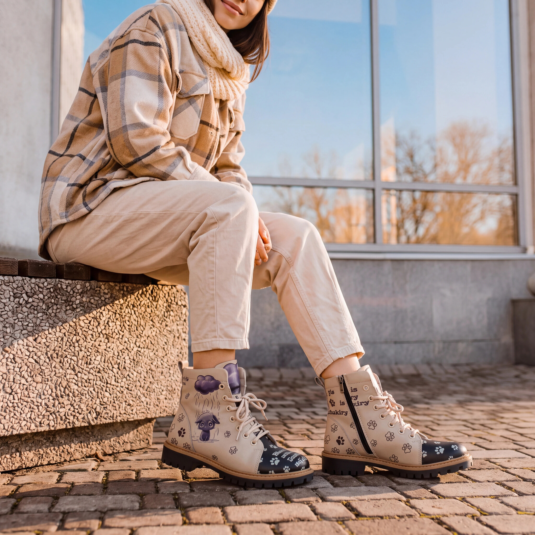 Bocanci de damă din piele naturală cu model colorat Ghete și bocanci de damă 2 Bocanci de damă din piele naturală cu model colorat - Bej, Negru