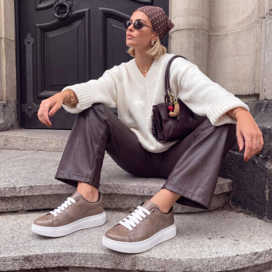 Sneakers casual de damă din piele naturală - Bej