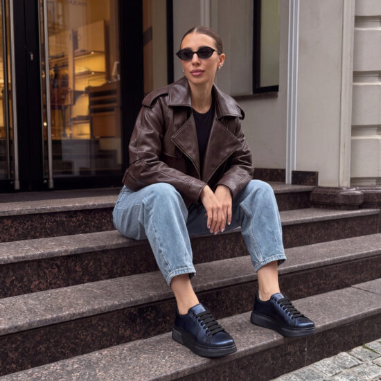 Sneakers casual de damă din piele naturală - Albastru