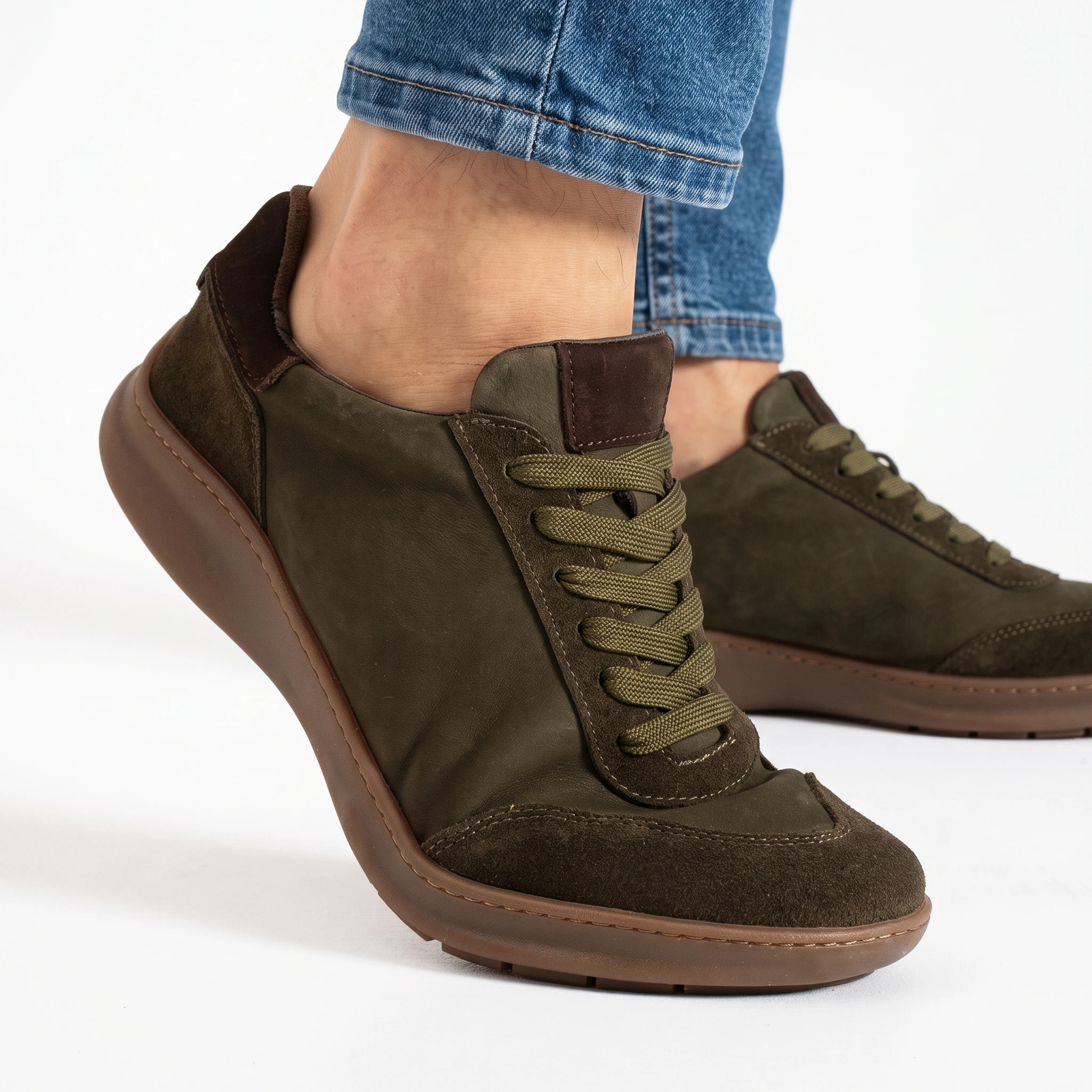Sneakers barefoot bărbătești din piele naturală Sneakers pentru bărbați 5 TSL Barefoot Atlas Khaki - Verde - Nubuc natural