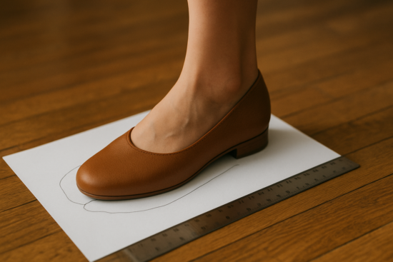 close-up of a woman's foot standing on a white sheet of paper, outlined with a pencil, next to a ruler on a wooden floor