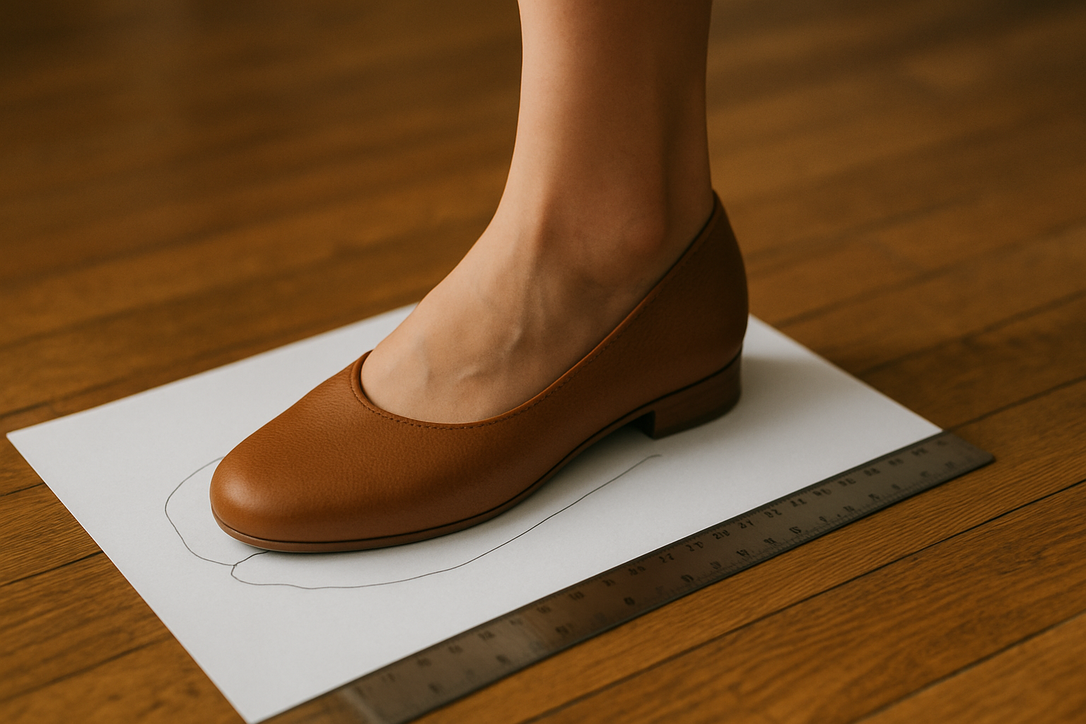 close-up of a woman's foot standing on a white sheet of paper, outlined with a pencil, next to a ruler on a wooden floor
