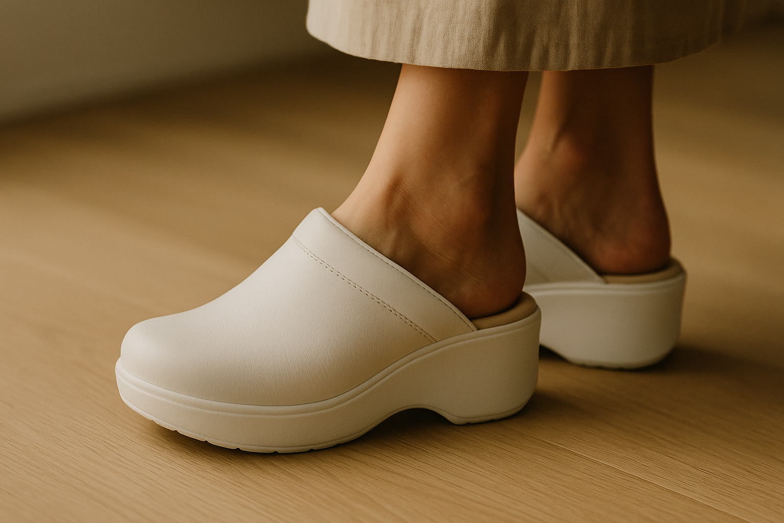 close-up of a woman's feet wearing white anatomical platform clogs on a light wooden floor, focusing on heel support and